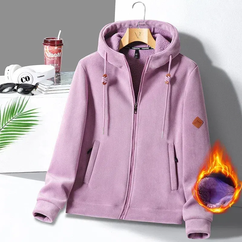 Color: PURPLE, Size: 4XL - Winter Warm Cashmere Jacket Mens High-end Ski Fleece Iined Thickened Hoodie Coat Casual Womens Outdoor Camping Cold-proof Jacket