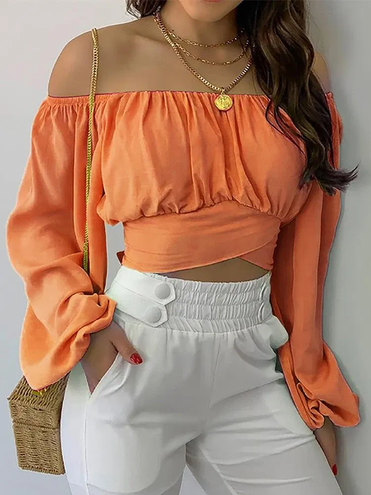 Color: green, Size: XXL - Women Sexy Off Shoulder Blouse Chic and Elegant Printing Lantern Long Sleeve Lace Up Bow Cropped Tops Casual Slim Shirts 2024
