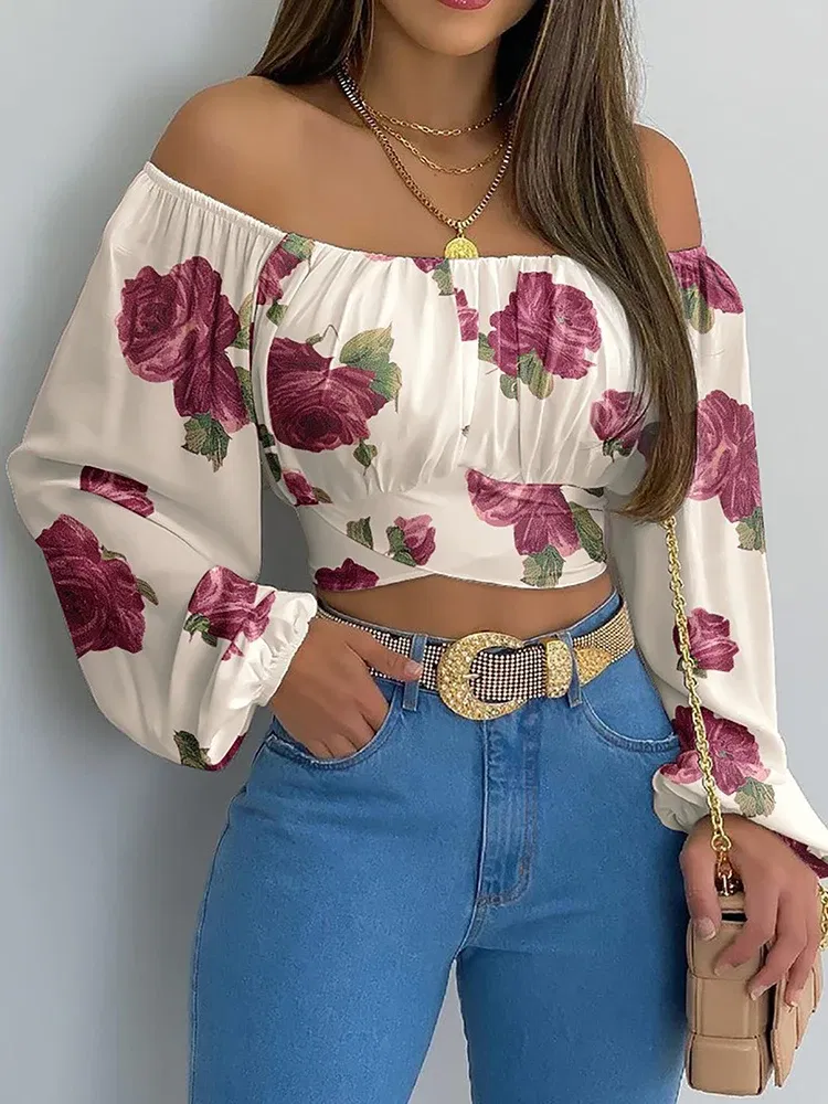 Color: green, Size: XXL - Women Sexy Off Shoulder Blouse Chic and Elegant Printing Lantern Long Sleeve Lace Up Bow Cropped Tops Casual Slim Shirts 2024