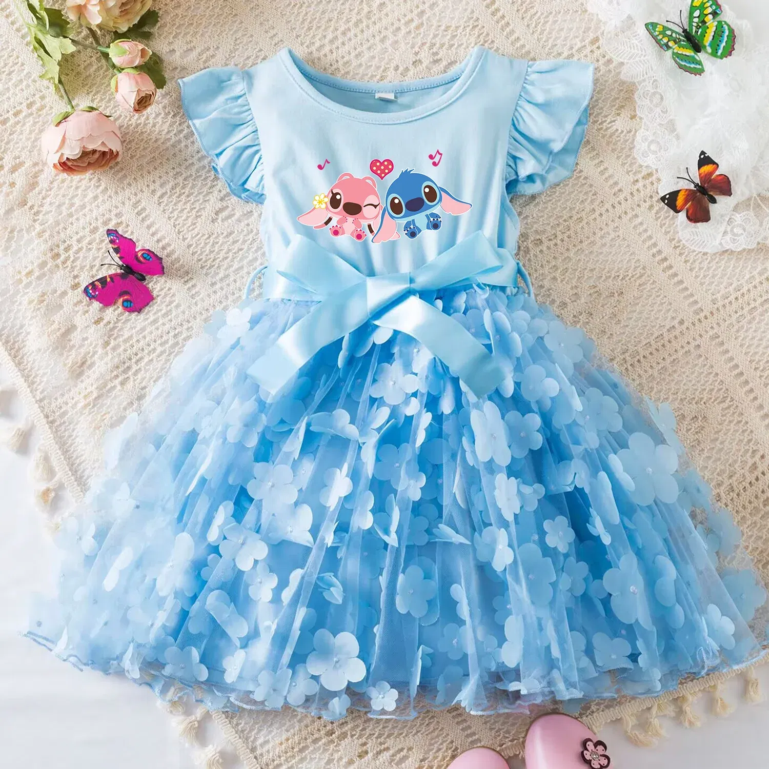 Color: Silver, Size: S - 3D Butterfly Cute Lilo Stitch Summer Dress for Kid's Casual Clothes Baby Girls Beautiful Princess Dress Party Dresses 2-6 Yrs