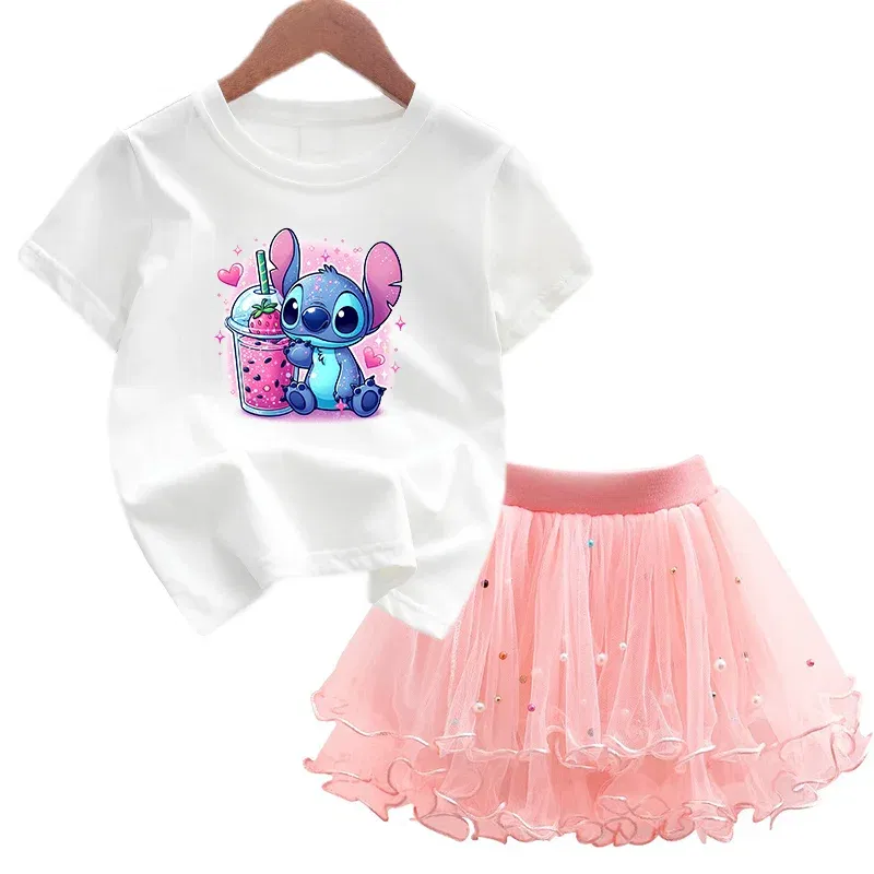 Color: black, Kid Size: 2T - 2pcs Lilo Stitch Summer Girls Outfits Cartoon T-shirt and Tutu Skirt Princess Clothes Suit Children Birthday Clothing Sets