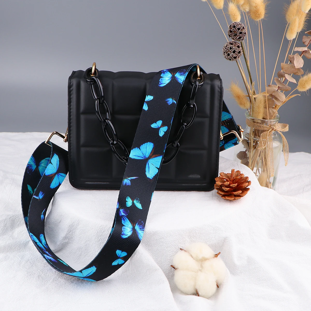 Color: Gold - Butterfly Flower Pattern Women Shoulder Messenger Bags DIY Adjustable Nylon Strap Bag Part Accessories Female Handbag Strap