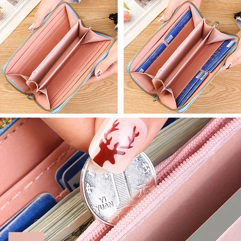 Color: Blue - Floral Embossed Long Wallet, PU Leather Credit Card Holder, Simple Trendy Phone Coin Clutch Purse For Women Hand-painted Wallet
