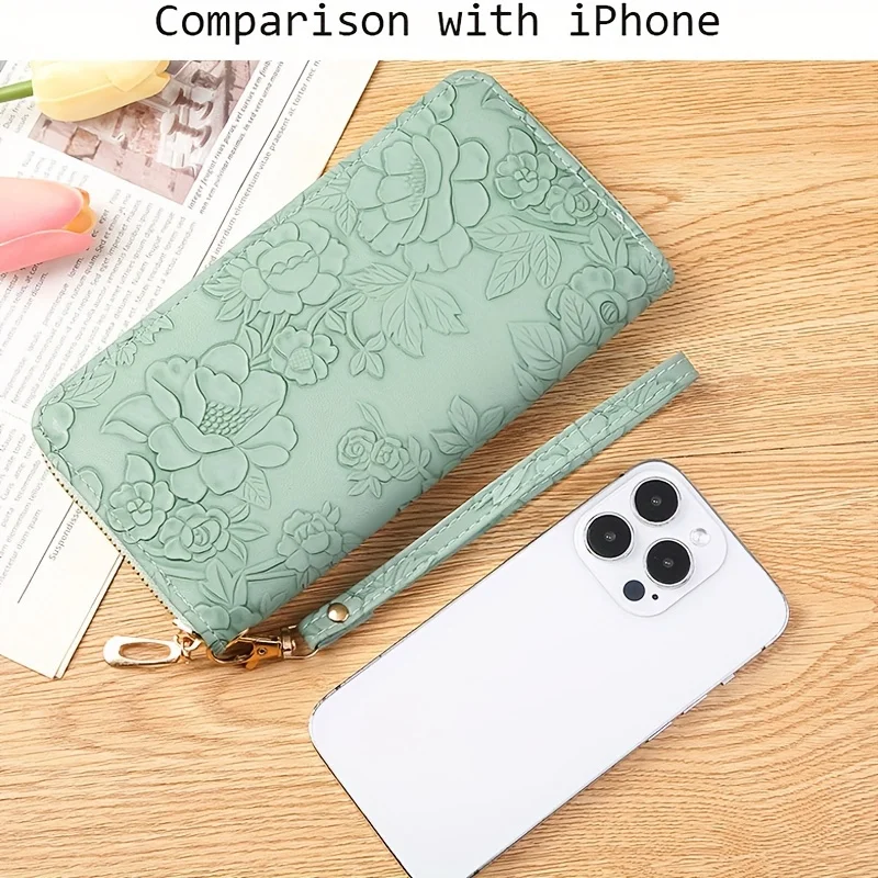 Color: Blue - Floral Embossed Long Wallet, PU Leather Credit Card Holder, Simple Trendy Phone Coin Clutch Purse For Women Hand-painted Wallet
