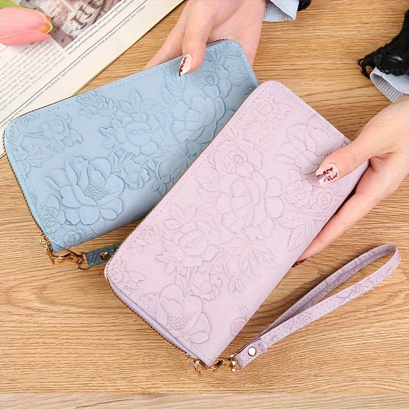 Color: Blue - Floral Embossed Long Wallet, PU Leather Credit Card Holder, Simple Trendy Phone Coin Clutch Purse For Women Hand-painted Wallet