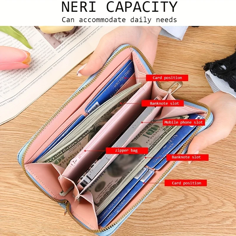 Color: Blue - Floral Embossed Long Wallet, PU Leather Credit Card Holder, Simple Trendy Phone Coin Clutch Purse For Women Hand-painted Wallet