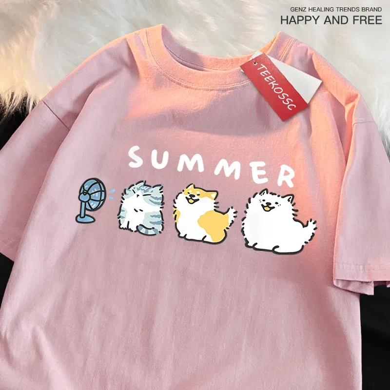 Color: black, Size: XL - Cats And Dogs Blowing Fans Print T Shirts Men Women Cute Crewneck Clothes Loose Summer T-Shirts Fashion Cotton Short Sleeve