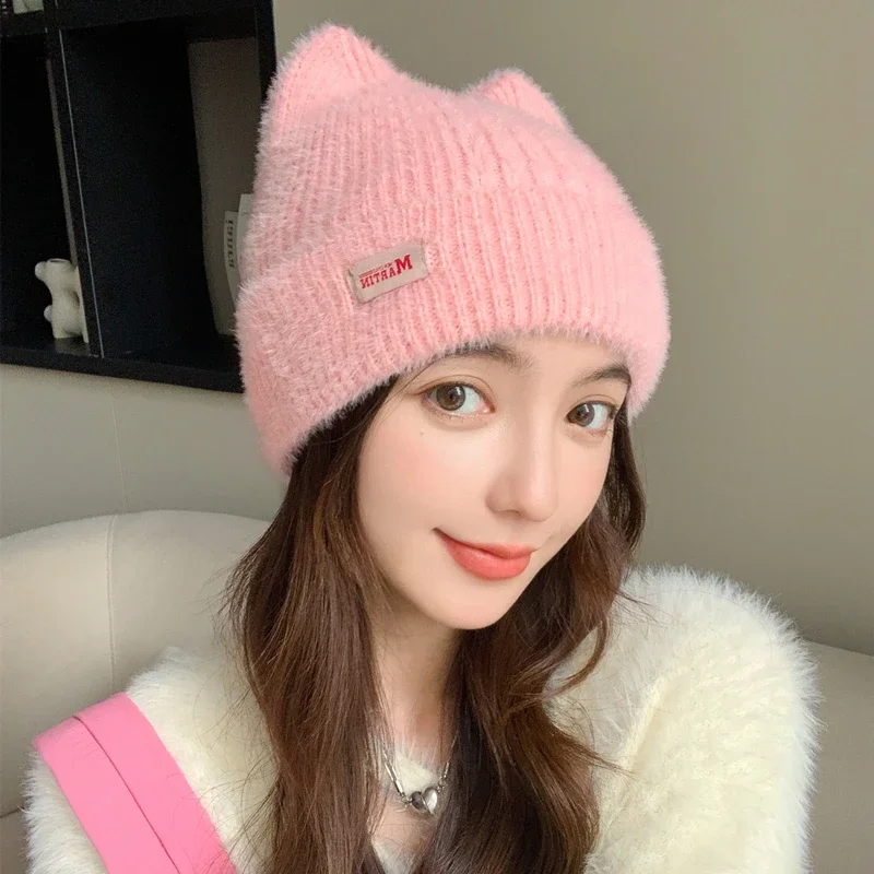 Color: WHITE, Size: One Size - New Women Cute Cat Ear Earflap Winter Hat Fashion Faux Fur Knitted Hat Kpop Style Soft Beanie Hats Candy Female Streetwear Cap
