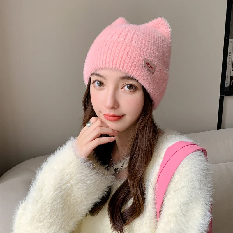 Color: WHITE, Size: One Size - New Women Cute Cat Ear Earflap Winter Hat Fashion Faux Fur Knitted Hat Kpop Style Soft Beanie Hats Candy Female Streetwear Cap