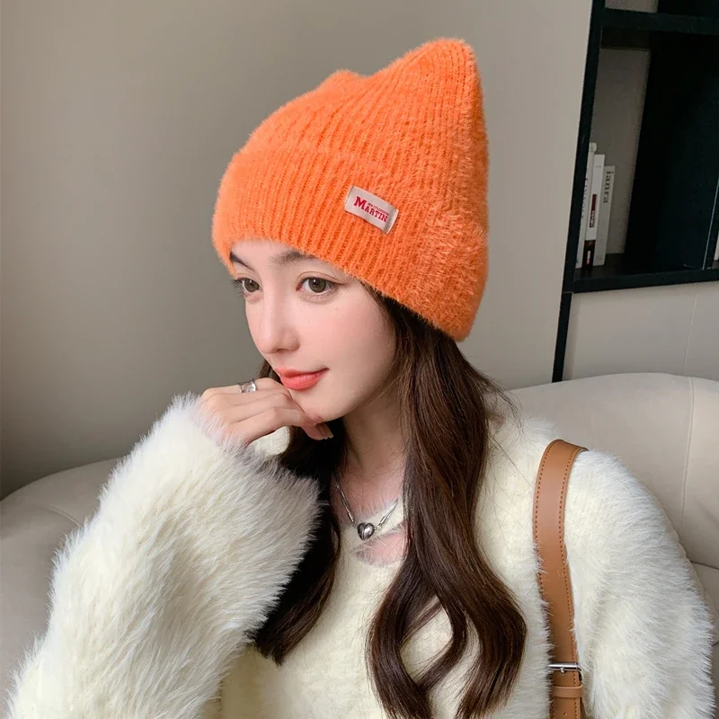 Color: WHITE, Size: One Size - New Women Cute Cat Ear Earflap Winter Hat Fashion Faux Fur Knitted Hat Kpop Style Soft Beanie Hats Candy Female Streetwear Cap