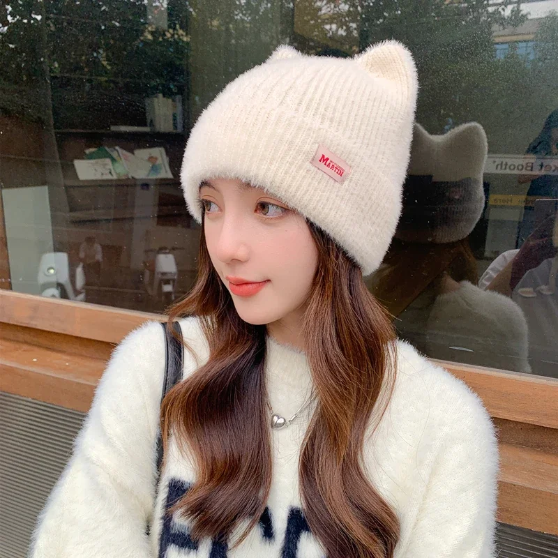 Color: WHITE, Size: One Size - New Women Cute Cat Ear Earflap Winter Hat Fashion Faux Fur Knitted Hat Kpop Style Soft Beanie Hats Candy Female Streetwear Cap