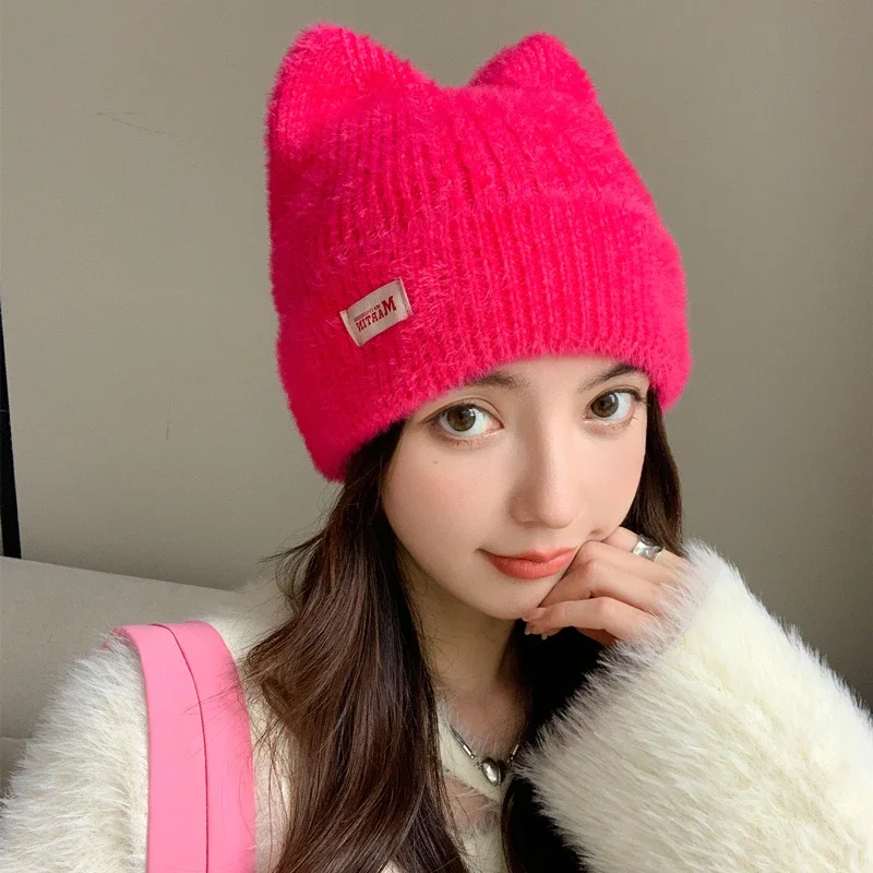 Color: WHITE, Size: One Size - New Women Cute Cat Ear Earflap Winter Hat Fashion Faux Fur Knitted Hat Kpop Style Soft Beanie Hats Candy Female Streetwear Cap