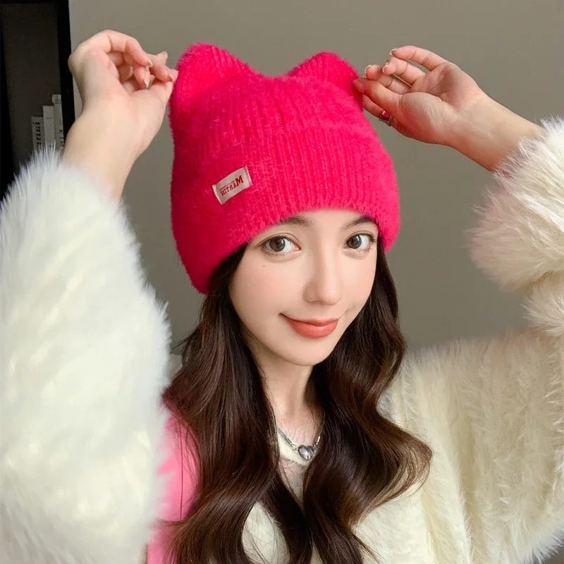 Color: WHITE, Size: One Size - New Women Cute Cat Ear Earflap Winter Hat Fashion Faux Fur Knitted Hat Kpop Style Soft Beanie Hats Candy Female Streetwear Cap