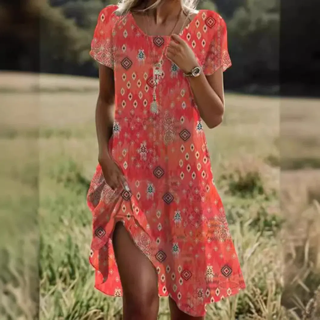 Color: Brown, Size: L - Women Loose Ruffles Befree Dress Sexy Summer Short Sleeve Boho Casual Night Holiday Party Elegant Dresses