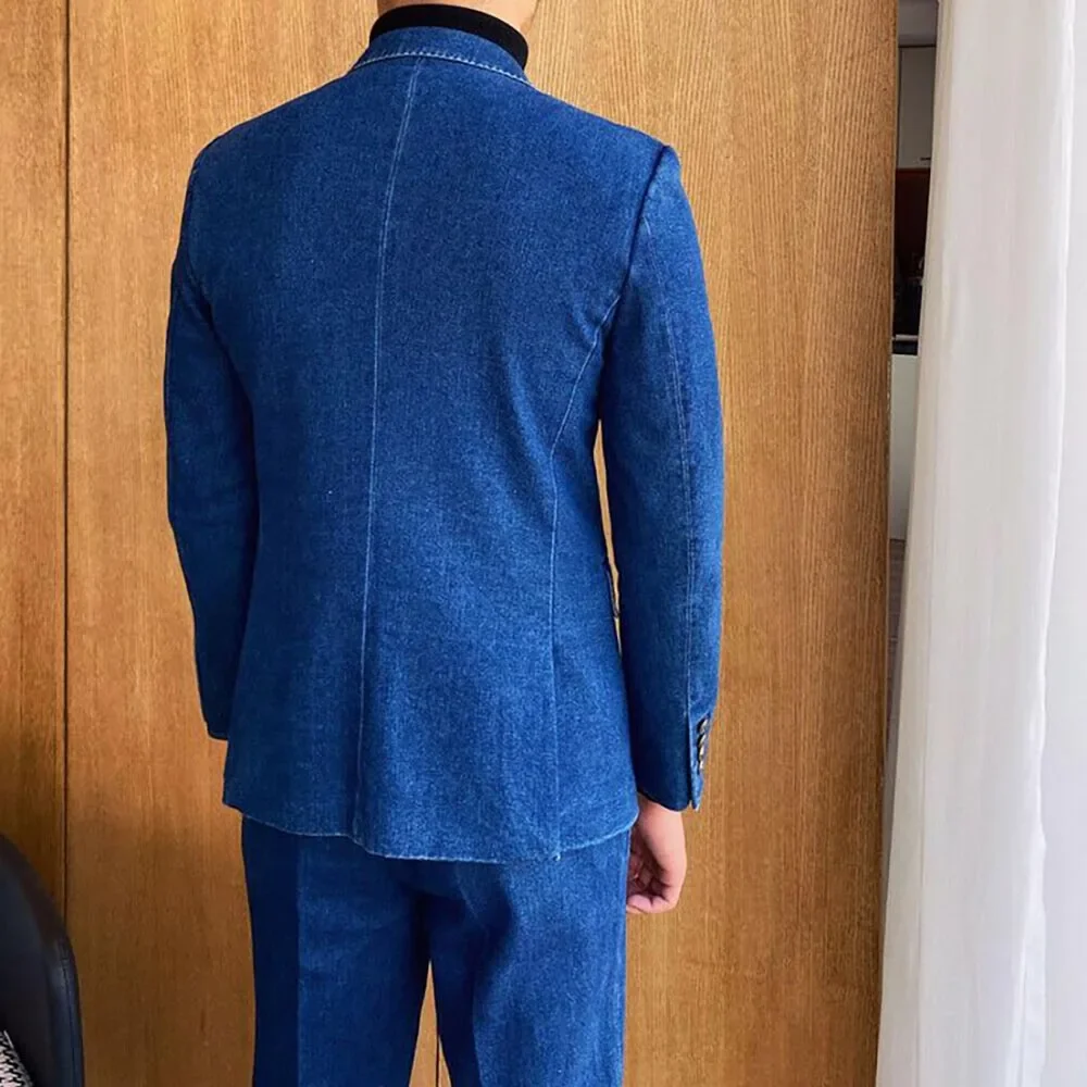 Color: black, Size: XL - Denim British fashion men's suit high quality casual 2 piece top pants suit