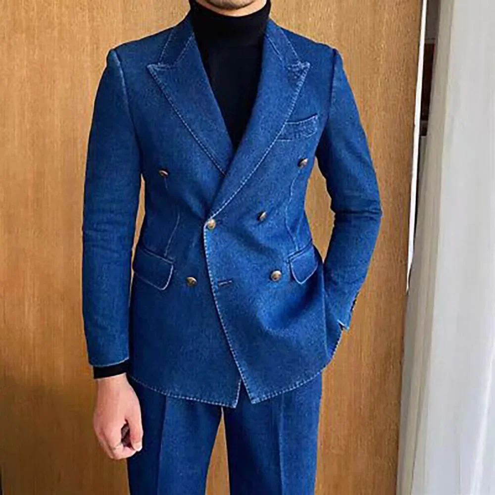 Color: black, Size: XL - Denim British fashion men's suit high quality casual 2 piece top pants suit