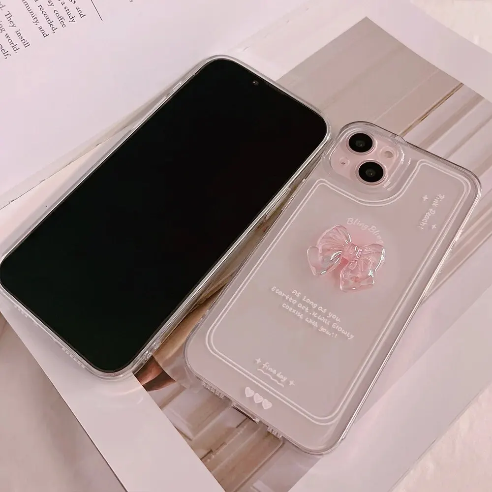 Material: Microfiber, Color: WHITE - NEW 3D Bow Transparent Mobile Phone Case For IPhone 15 14 Plus 13 Pro Max 12 Pro 11 Stereo Crystal Candy Cute Full Soft Cover