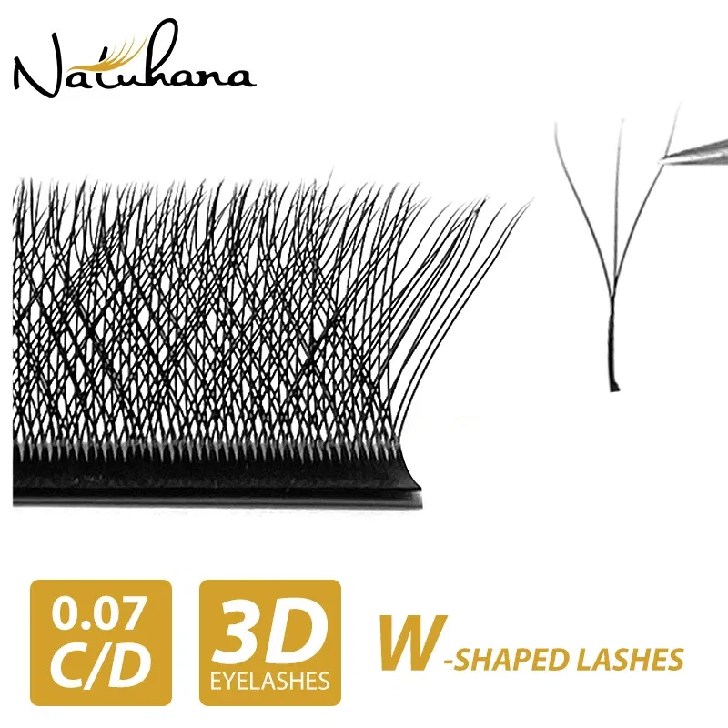 Color: Brushed Brass, Curl: LU, Thickness: 0.07mm, Length: 13mm - NATUHANA W-Shaped 4D 5D Volume Eyelash Extensions Premade Volume Fans W Shape Lashes Natural Soft False Eyelashes for Makeup