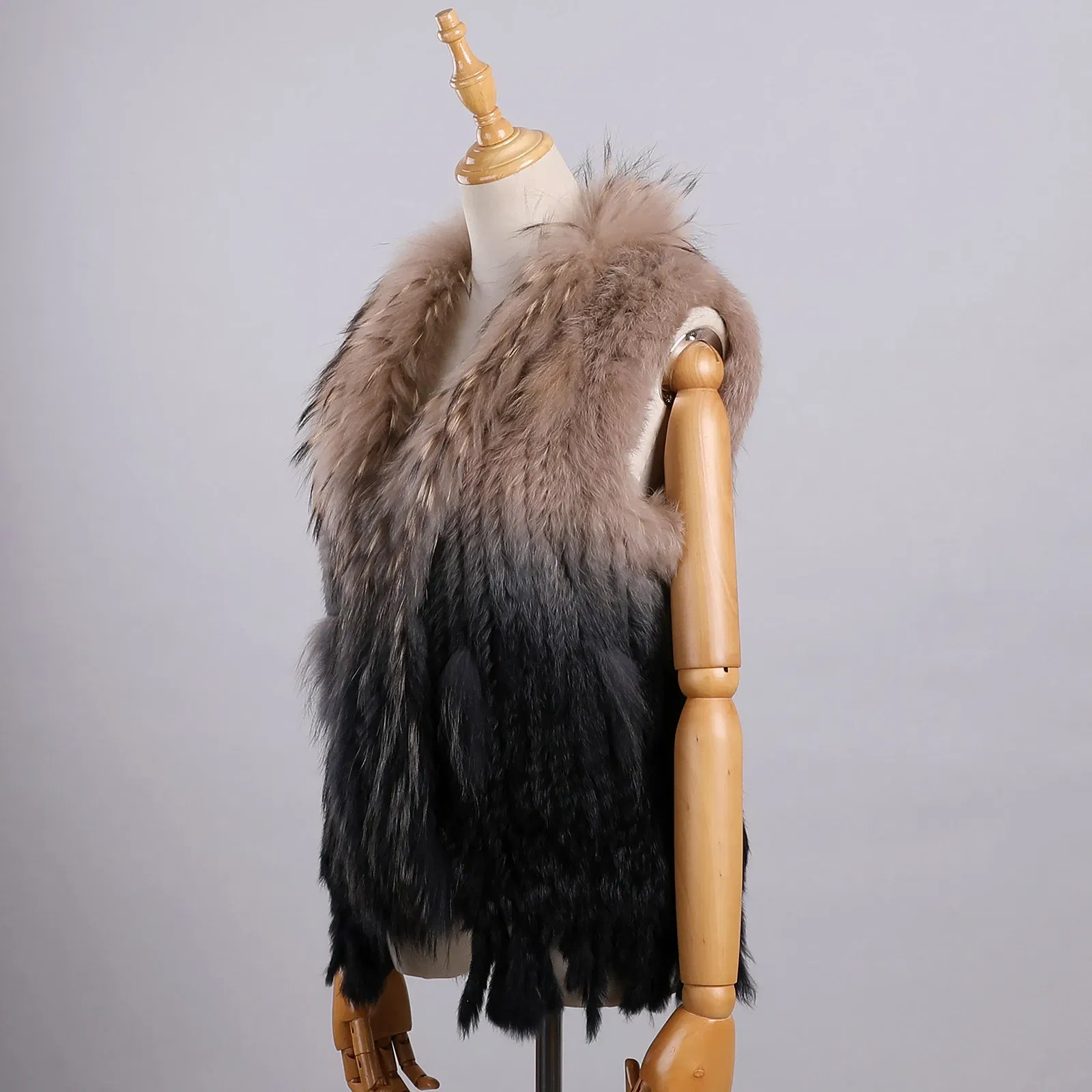 Color: Navy Blue, Size: M - Luxury Women's Genuine Premium Long Hair Rabbit Fur Knit Vest Raccoon Fur Trim Gilet Lady Sleeveless Waistcoat Real Fur Jacket