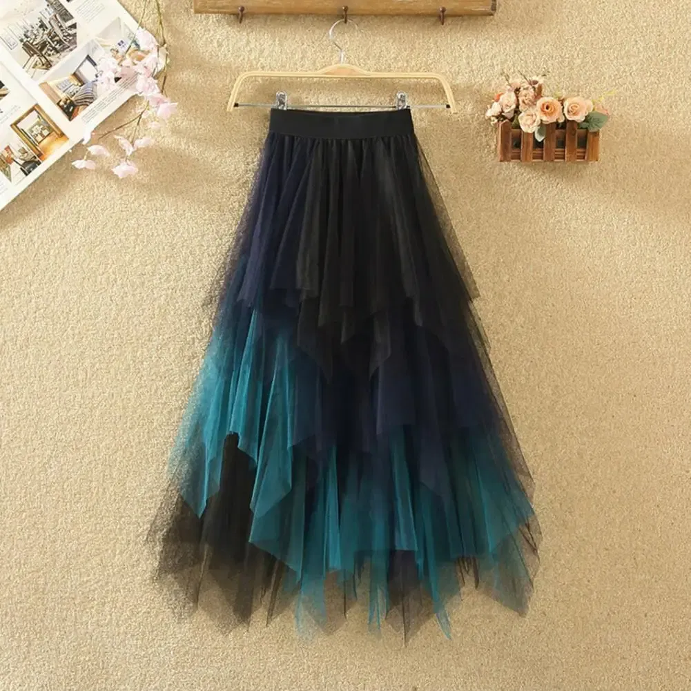 Color: WHITE, Size: XXL - 2025 Irregular Mesh Women Skirt High Elastic Waist Colorful Mesh Multi-layered Soft Mid-calf Length Pleated Women Midi Skirt