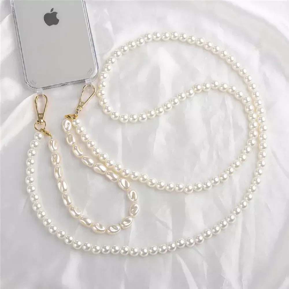 Color: Blue, Bundle: Case & Strap, Material: PC - DIY Luxury Pearl Chain Crossbody Strap Shockproof Acrylic Lanyard Phone Case for iPhone 14 13 12 PRO 15 Pro Max X XS 12 MINI