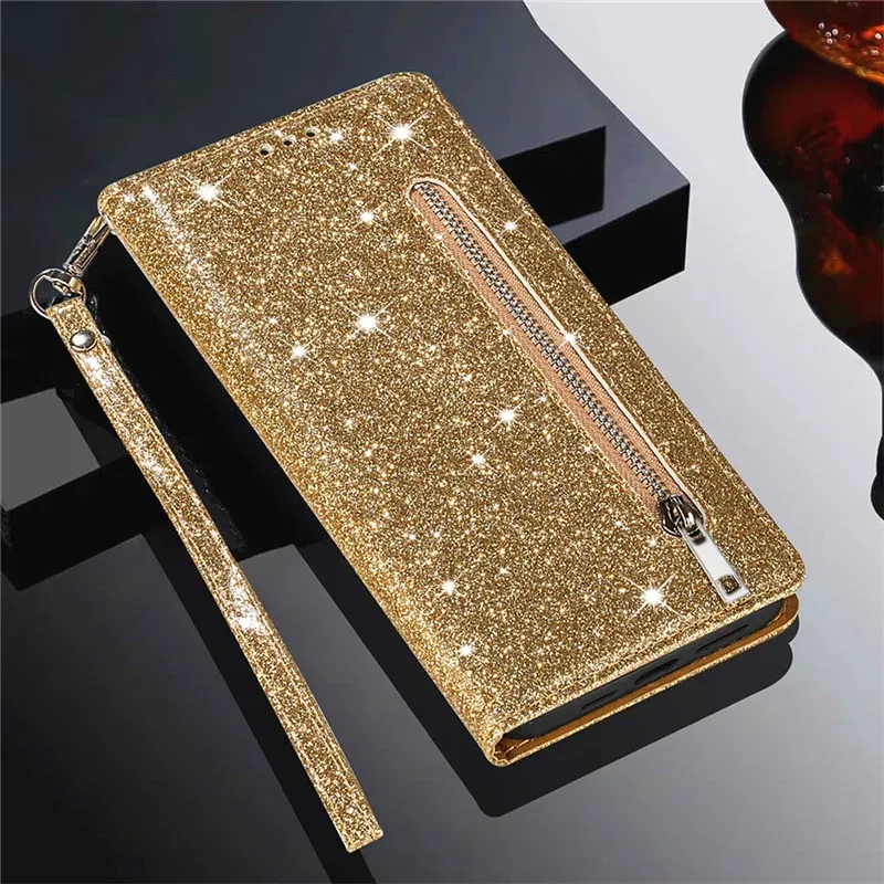 Color: Gold, Material: leather - Zipper Flip Wallet Glitter Leather Case for iPhone 16 15 14 13 12 11 Pro Max XS XR 8 7 Plus SE 2022 Mini Bling Stand Phone Cover