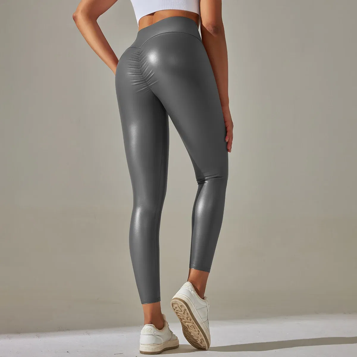 Color: Gold, Size: L - PU Leather Leggings Women Sexy Scrunch Butt Leggings Girls Faux Leather Pants High Waist Push Up Casual Leggings 6 Color