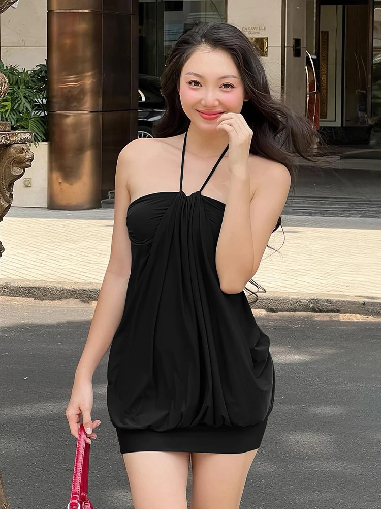 Color: black, Size: S - Dulzura Sexy Mini Halter Ruched Backless Short Dress Solid Sleeveless Women Dresses Summer Lady Party Birthday Club Clothes Y2K