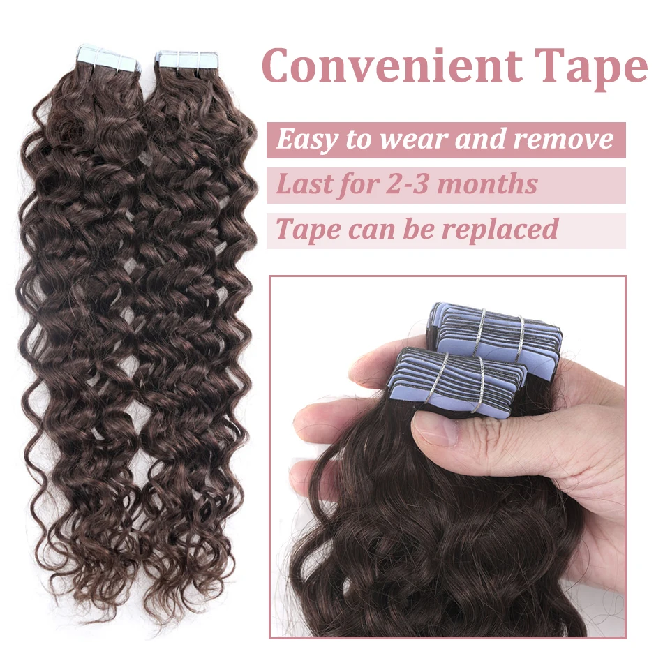 Color: P6/27, Length: 20 INCHES, Items per Package: 20 pcs - Water Wave Tape in Human Hair Extensions 2g/pcs Dark Brown Real Human Hair Adhesive Invisible Keratin Hair Extensions for Women