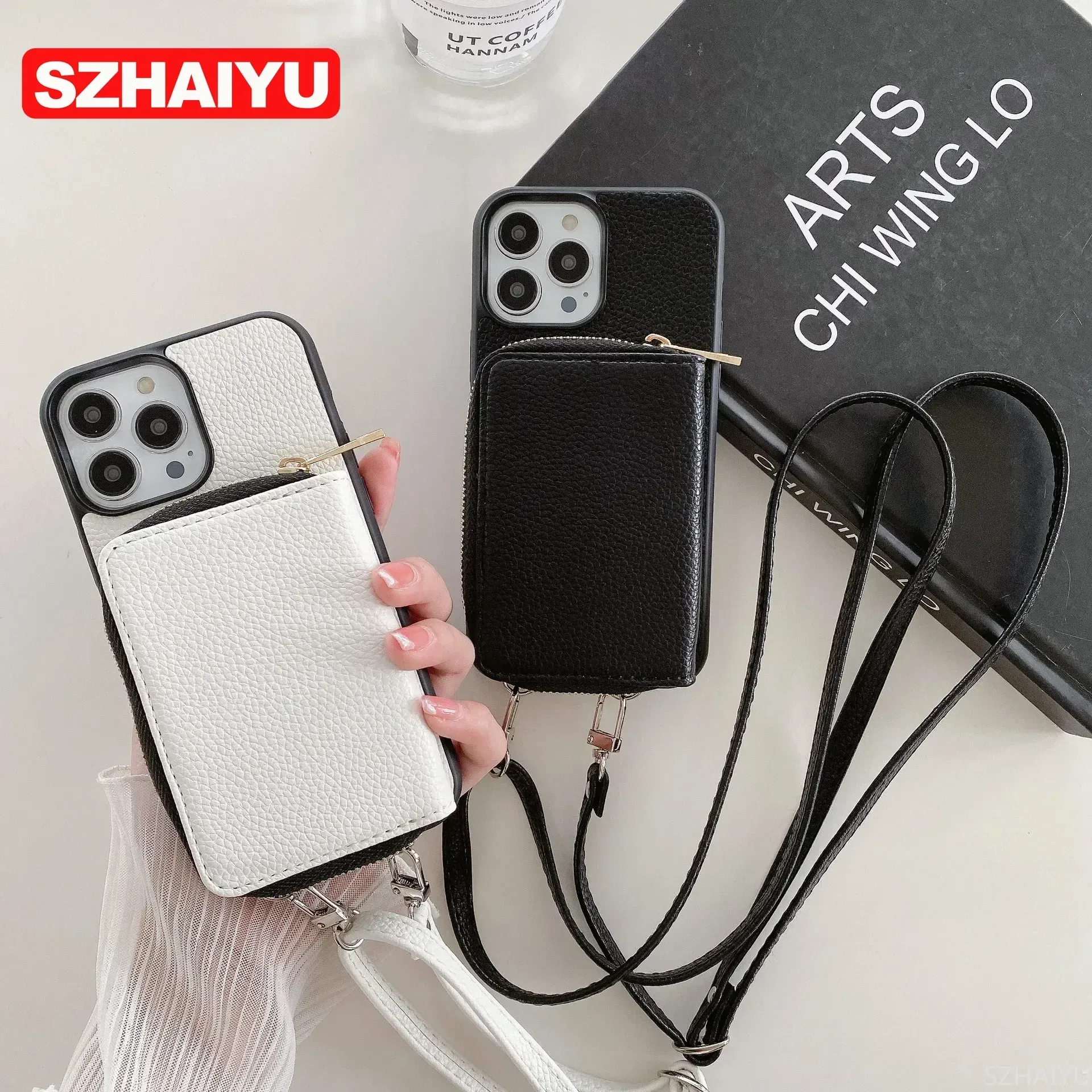 Material: Other, Color: Brown - Zipper Wallet Phone Case For iPhone 16 15 14 13 12 Mini 11 Pro XS Max X Plus Card Slot Holder Crossbody Lanyard Leather Cover