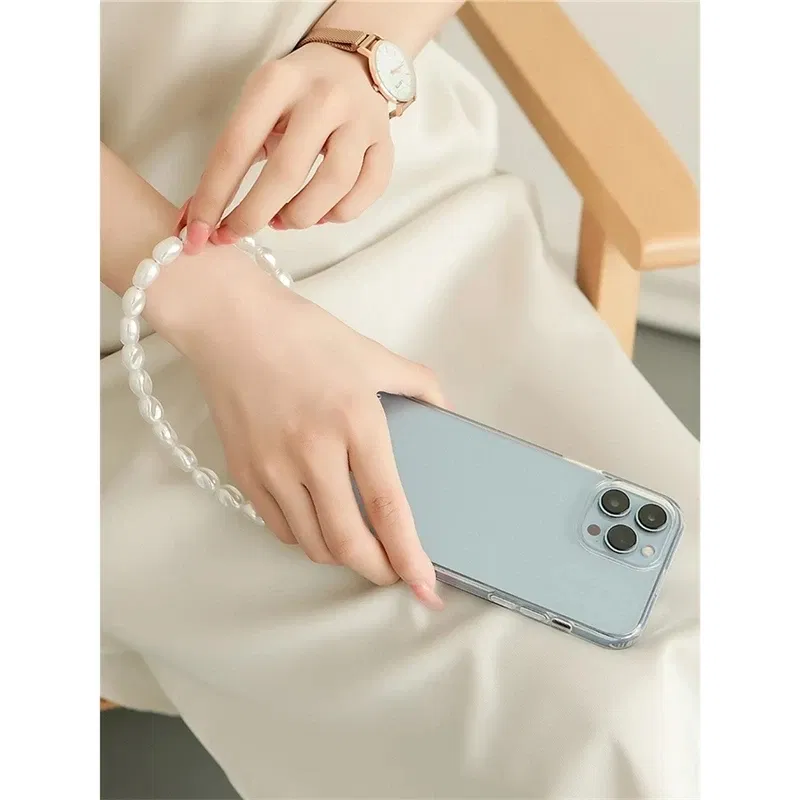 Color: Lotus root color, Bundle: Case & Strap, Material: GENUINE LEATHER - Pearl Bracelet Wrist Chain Phone Case For iPhone 13 12 11 14 15 Pro Max XR X XS Mini 7 8 Plus SE Transparent Hard Acrylic Cover