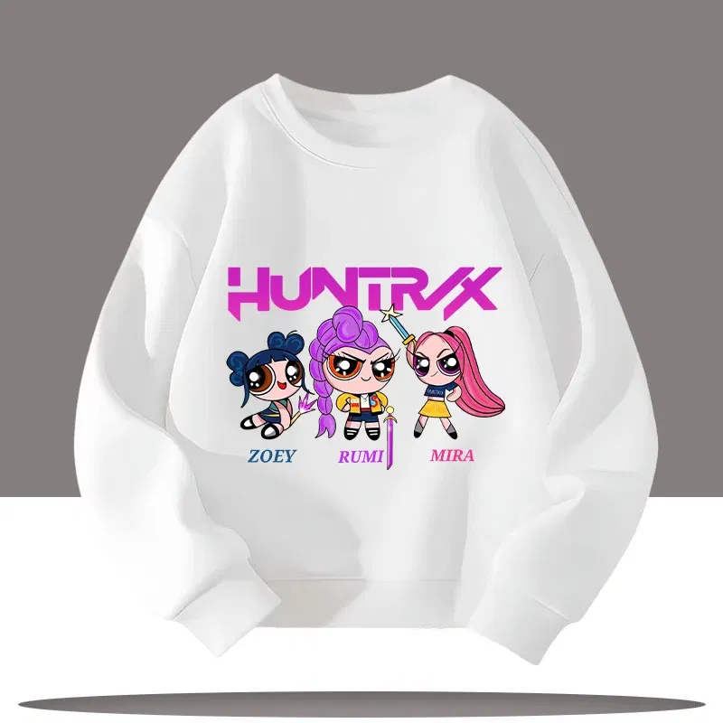 Color: Beige, Kid Size: 8 - K-pop Demon Hunters Cartoon Print 3-12 Year Old New Style Kids Round-neck Sport Shirt Cute Girl Casual Top Children's Clothing