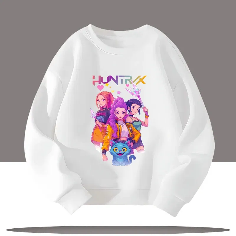 Color: Beige, Kid Size: 8 - K-pop Demon Hunters Cartoon Print 3-12 Year Old New Style Kids Round-neck Sport Shirt Cute Girl Casual Top Children's Clothing