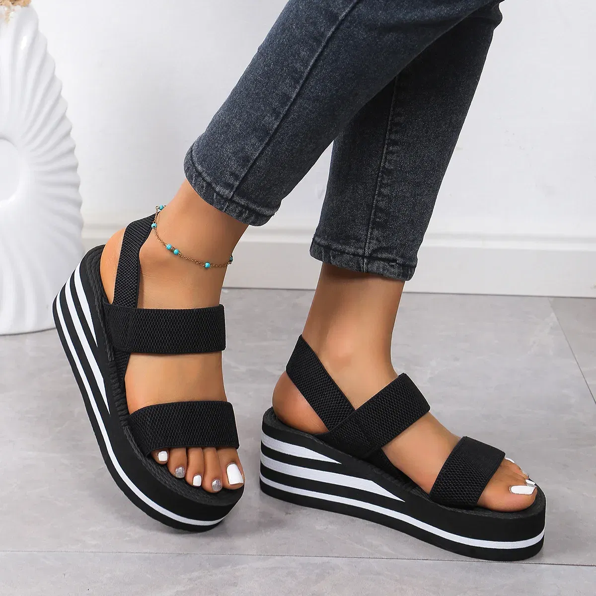 Color: SKY BLUE, Shoe Size: 36 - Women's Light Weight Wedge Sandals Open Toe Platform Thick Soled Summer Casual Slingback Shoes with Back Strap Leisure Footwear