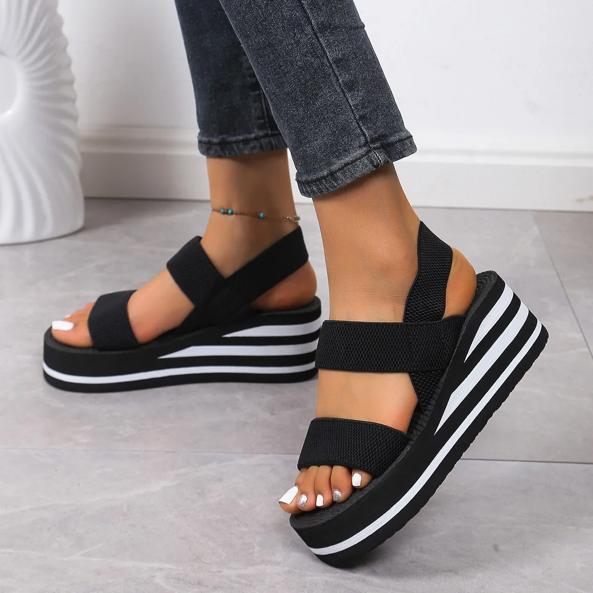 Color: SKY BLUE, Shoe Size: 36 - Women's Light Weight Wedge Sandals Open Toe Platform Thick Soled Summer Casual Slingback Shoes with Back Strap Leisure Footwear
