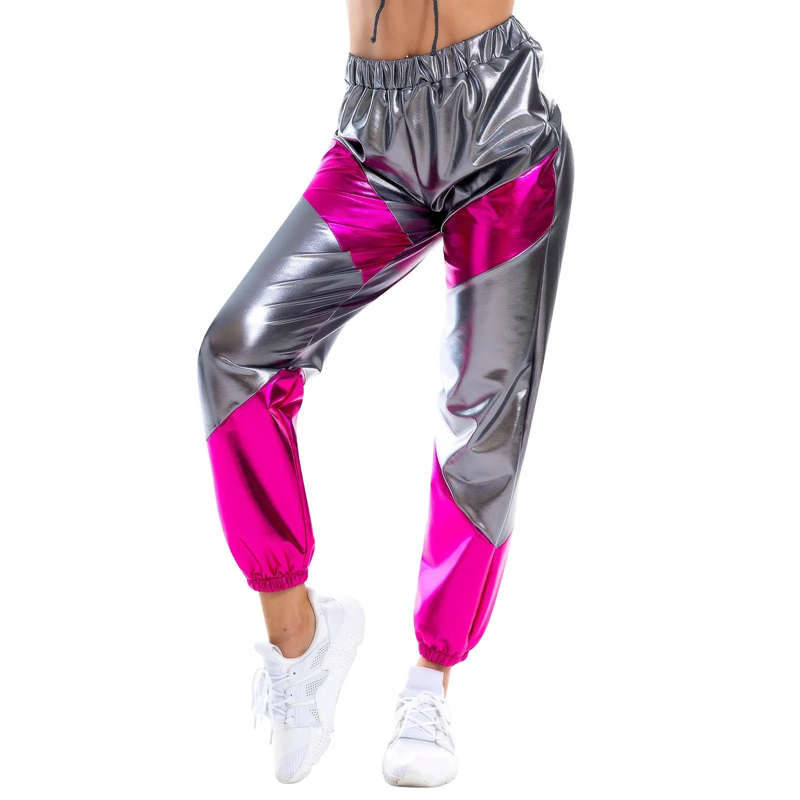 Color: Silver, Size: M - Women'S Shiny Trousers Elastic Sports Leisure Casual Long Sweatpants Jogging Bottoms Stretch Leggings Party Disco Clubwear