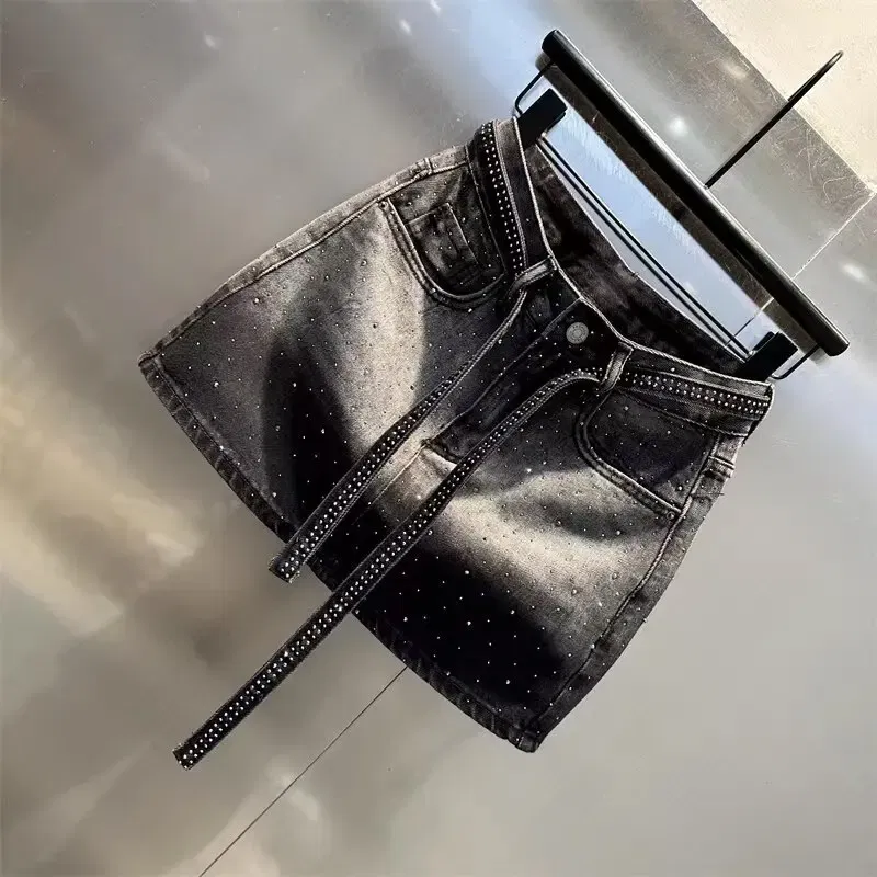 Color: Beige, Size: XXXL - Oversize Retro Diamond Denim Mini Skirt for Women Summer High Waist Shiny Rivet Slim Skirts Gradient Black Grey Jean Skirts