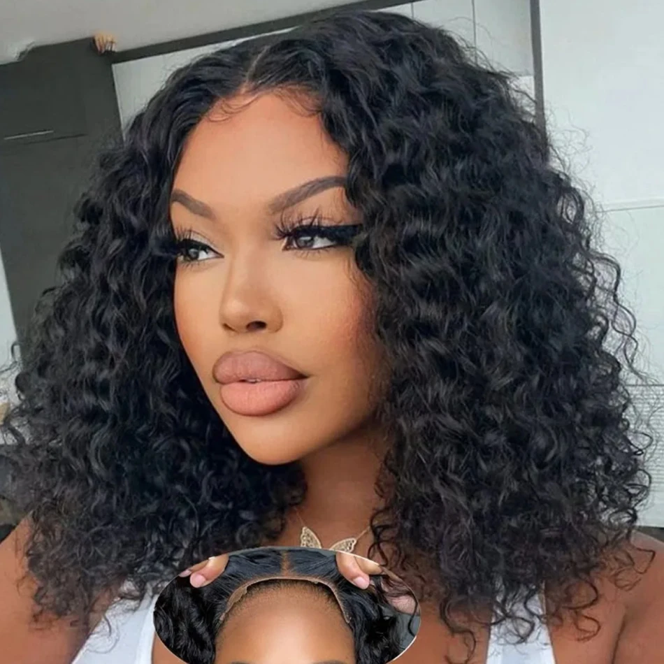 Hair Color: #1, Stretched Length: 14inches - 13X4 Glueless Water Wave Wigs Human Hair Pre Cut Bob Wig Ready To Go 180% Density 4x4 Water Wave Lace Closure Wigs Human Hair