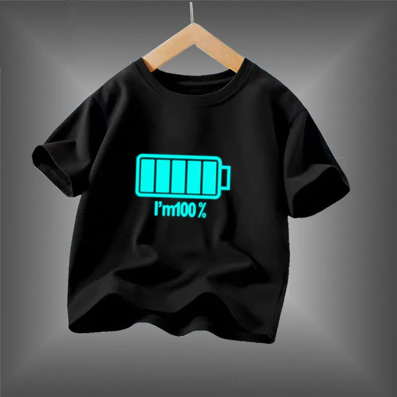 Kid Size: 10T, Color: Black - 2024 New Boys Luminous Battery T Shirts Summer Short Sleeve Children's Clothes Kids Glow In Dark Tees