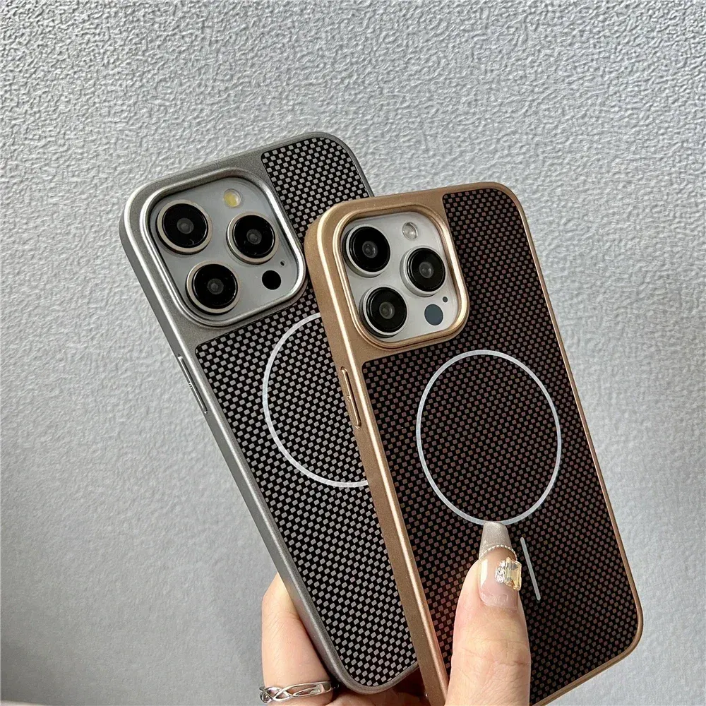 Color: Beige, Compatible-Phone Models: For iPhone 16 Plus - Carbon Fiber Textured Magnetic Phone Case For iPhone 16 Pro Max 15 14 13 12 Shockproof Soft Cover For Magsafe Wireless Charging