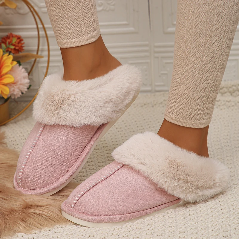 Color: Red, Shoe Size: 36 - Closed Toe Warm Cotton Slippers Women Faux Fur Thicken Plush Winter Home Shoes Woman Lightweight Casual Indoor Slides Female