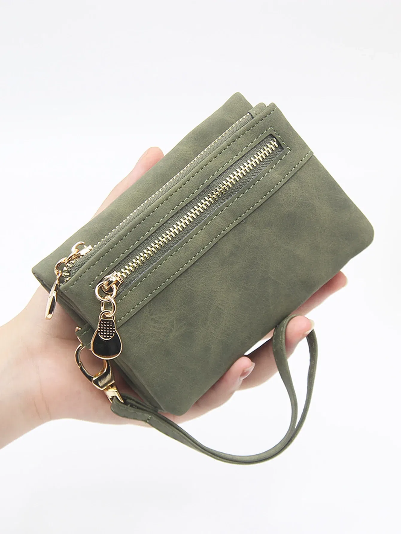 Color: Lavender - Retro foldingzipper wallet high-quality PUleather portablemultifunctional women's walletfashionable withID card window wrist bag