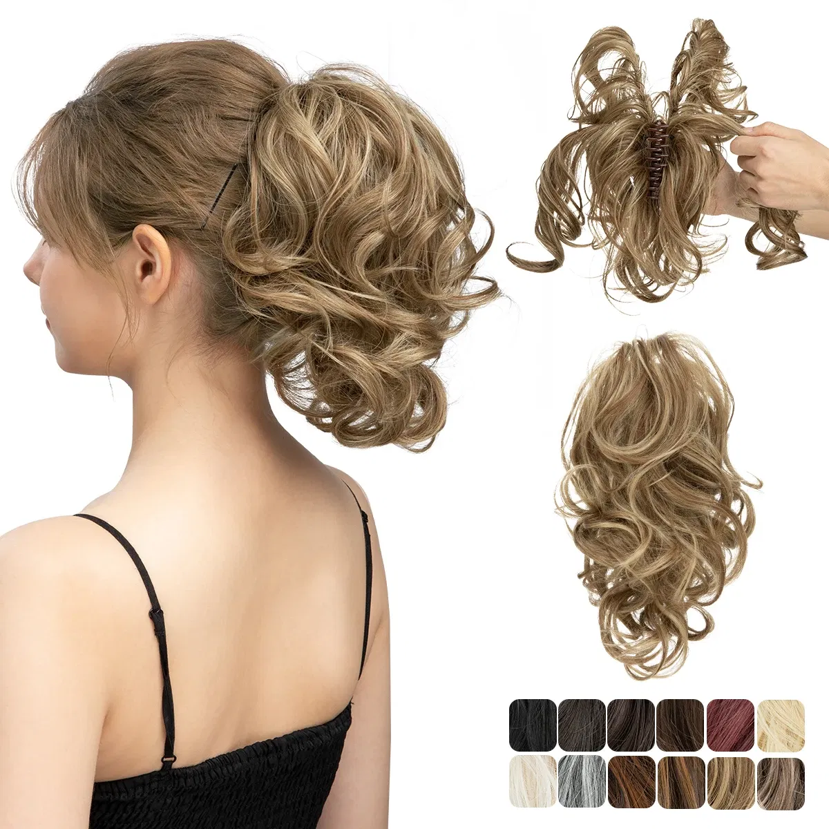 Color: P18/22, Bulk Buy: 1pc - Synthetic Diy Claw Clip In Ponytail Hair Extensions Hairpiece Hair Bun Fake Black Blonde Natural Hair False Pigtail for Women