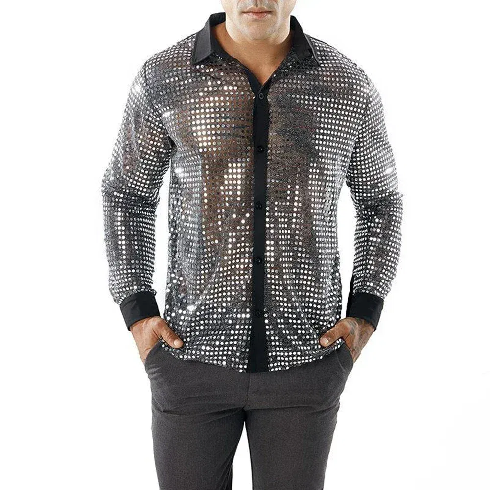 Color: Beige, Size: M, Ships From: CHINA - 2023 Fashion Mens Sparkly Sequins Party Dance Shirts Retro 70s Disco Nightclub Shirt Tops Single Breasted Performance Clothing