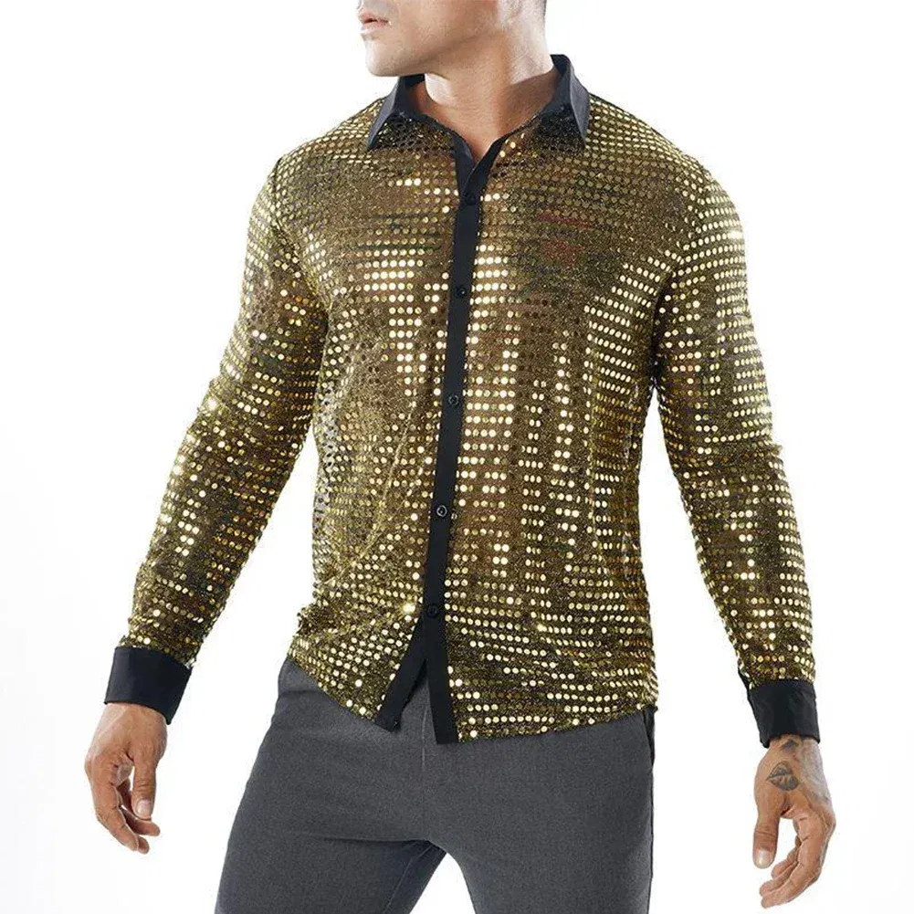 Color: Beige, Size: M, Ships From: CHINA - 2023 Fashion Mens Sparkly Sequins Party Dance Shirts Retro 70s Disco Nightclub Shirt Tops Single Breasted Performance Clothing