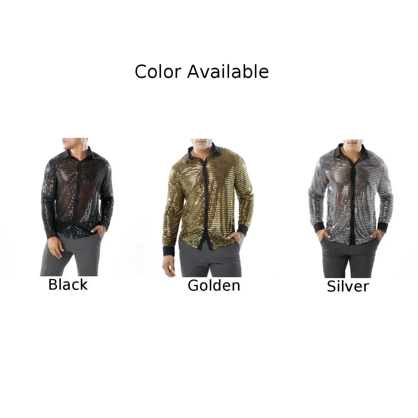 Color: Beige, Size: M, Ships From: CHINA - 2023 Fashion Mens Sparkly Sequins Party Dance Shirts Retro 70s Disco Nightclub Shirt Tops Single Breasted Performance Clothing