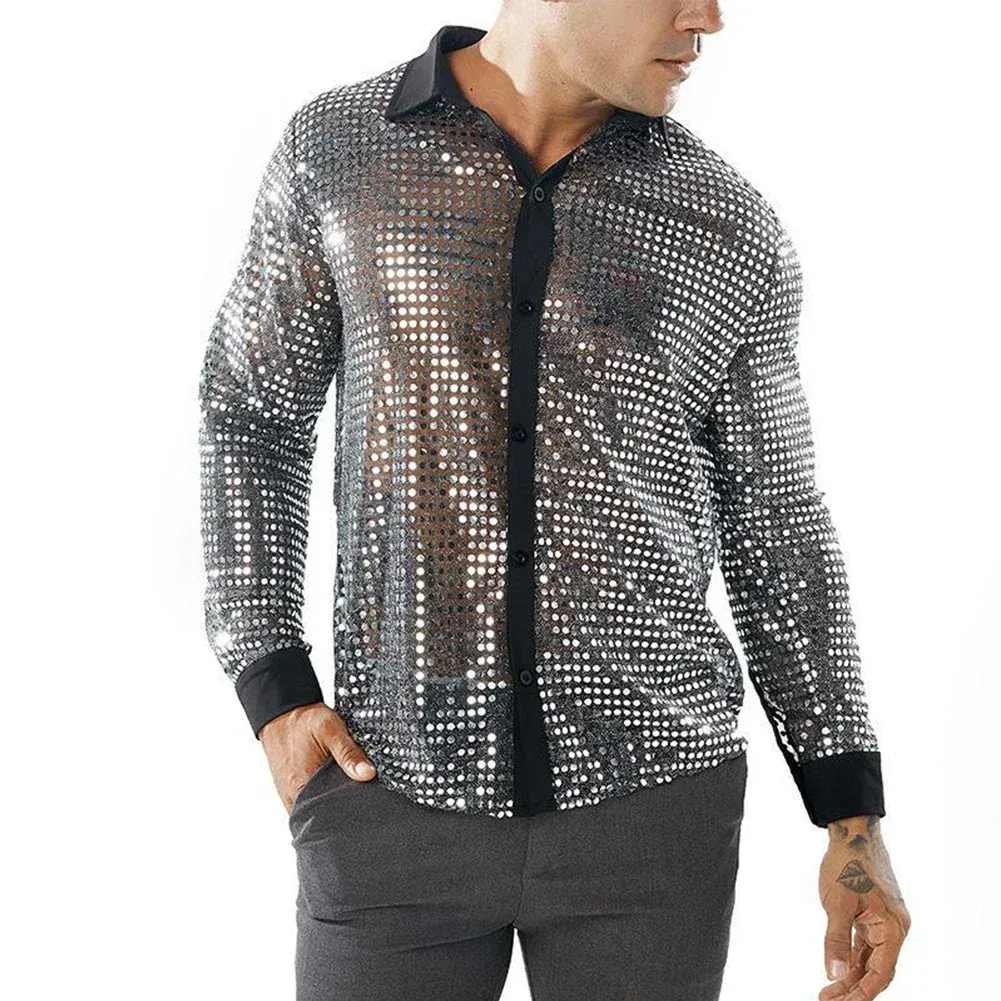 Color: Beige, Size: M, Ships From: CHINA - 2023 Fashion Mens Sparkly Sequins Party Dance Shirts Retro 70s Disco Nightclub Shirt Tops Single Breasted Performance Clothing