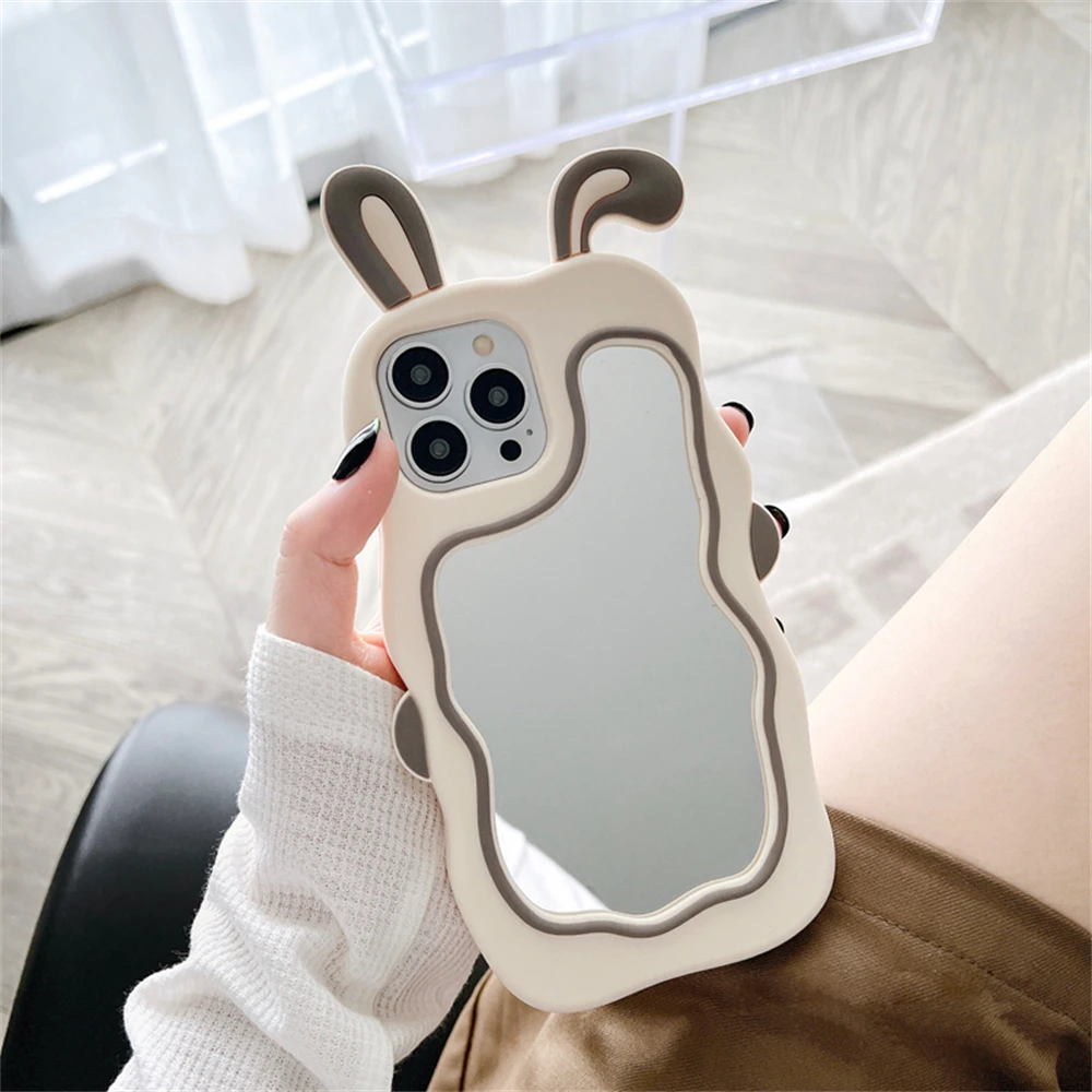 Color: Beige, Material: Cotton Fabric - Cute Bunny Ears Mirror Phone Case For iPhone 15 14 Plus 13 12 11 Pro Max Shockproof Silicone Case