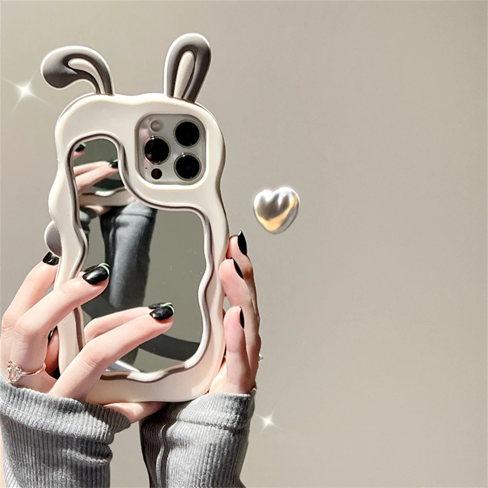 Color: Beige, Material: Cotton Fabric - Cute Bunny Ears Mirror Phone Case For iPhone 15 14 Plus 13 12 11 Pro Max Shockproof Silicone Case