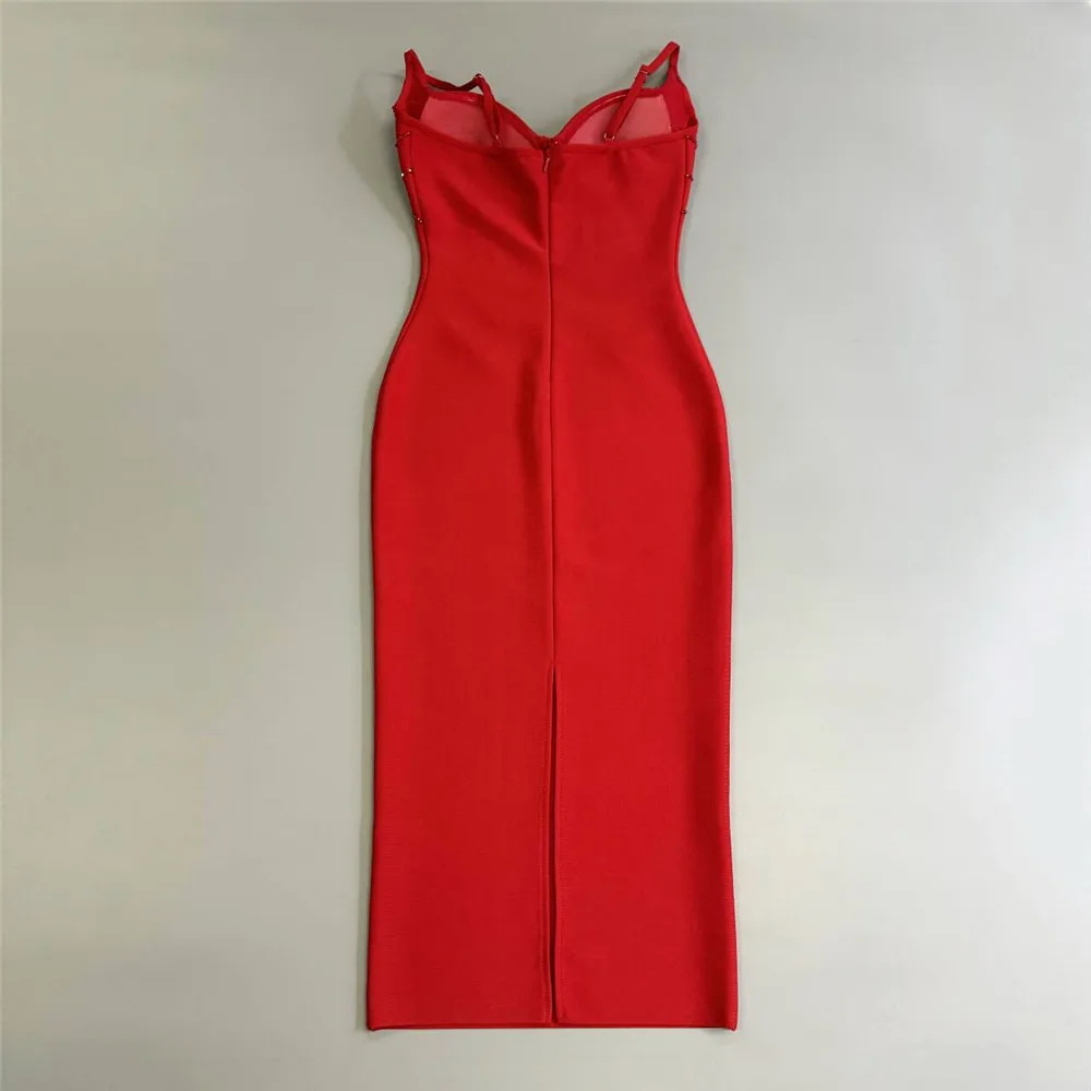 Color: Red, Size: L - Women Sexy Beading Spaghetti Strap Bandage Dress Bodycon Clothes Club Party Celebrity Elegant Dresses